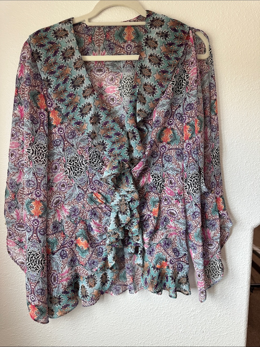 Boston Proper Multicolor Paisley Ruffle-Front Blouse